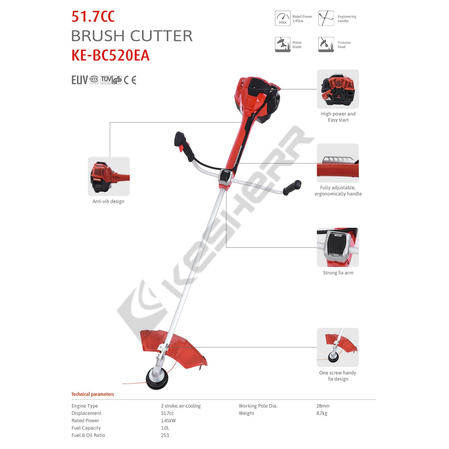 Electrical Starter 52cc Gasoline Grass Cutting Machine Brush Cutter