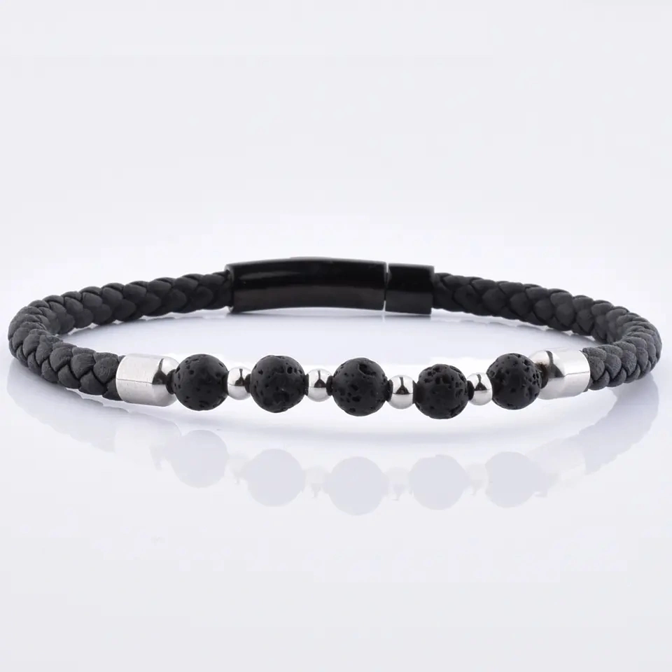 Homme 6 mm Lava Natural Gemstone perle acier inoxydable fermoir Noir Bracelet en cuir