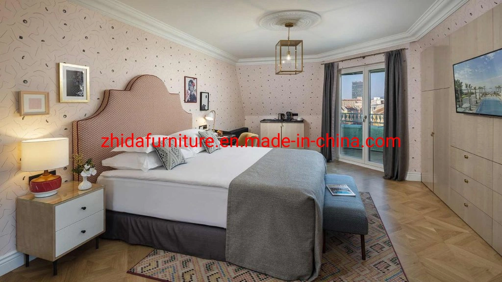 3-5 Star European Style King Size Modern Hotel Apartment Villa Living Room Bedroom Chinese Furniture Fabric Pink Bed