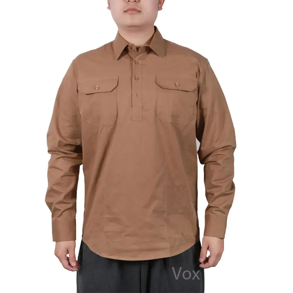Custom Logo Embroidery Long Sleeve Work Shirts Oversized Outwear Men Cotton Twill Pockets Half Flap Button Polo Collar Round Hem Pullover Shirt for Men