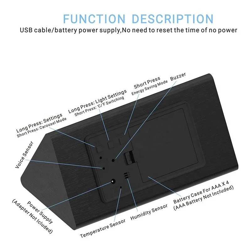 Horloge de réveil numérique LED en bois de table triangulaire électronique multifonctionnelle moderne