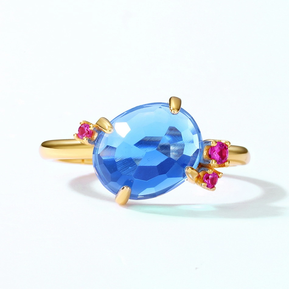 Fashion Design Oval Shape Big Synthetic Blue Crystal Ring Gold Plating Red Corundum Rings for Women