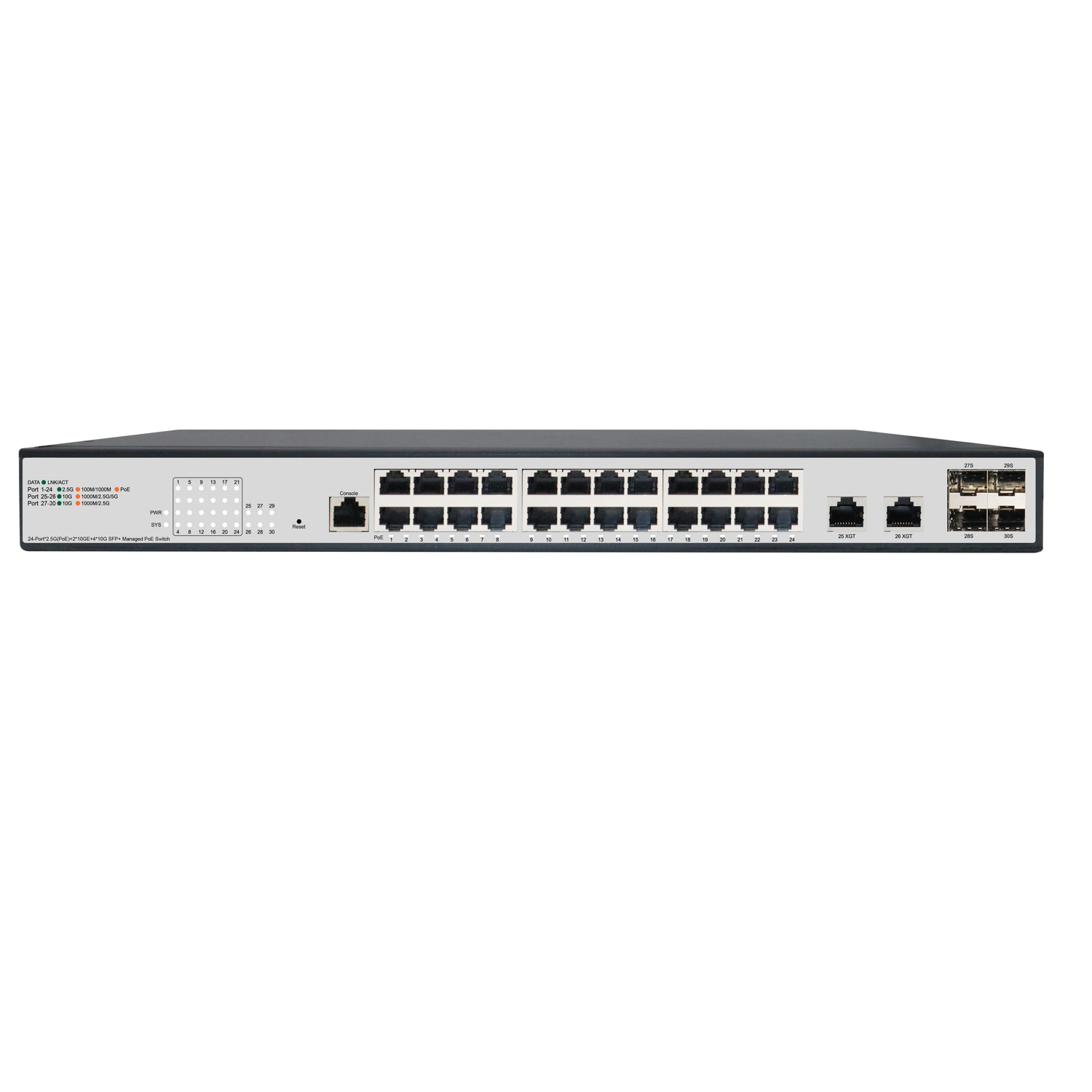 24-Port*2.5G (PoE) +2*10GE+4*10g de alta gestión SFP+ Poe 802.3bt 90W máx.