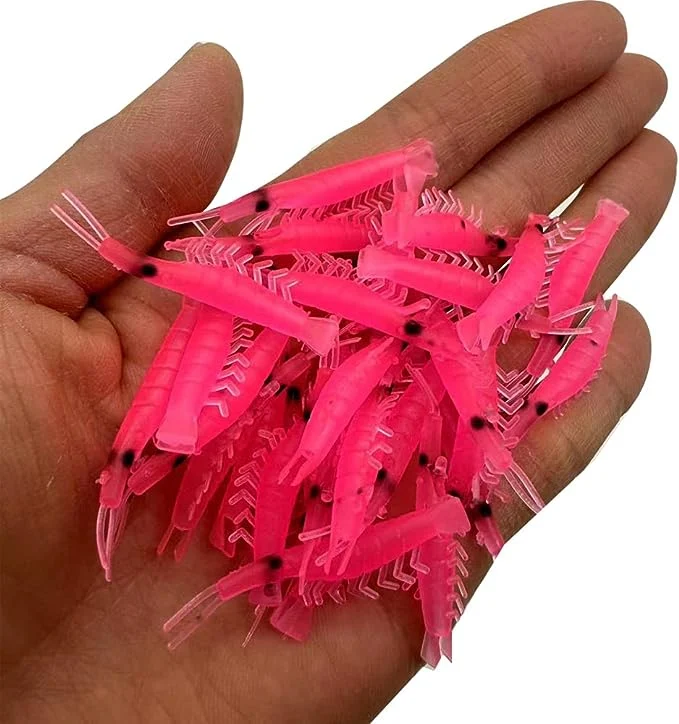 100pcs Camarones Señuelo Rojo/Rosa/Glow de silicona de color verde suave cebo gusanos cebos de Camarón luminoso gambas gambas simulación Tamaño: 0,5 g de 4 cm