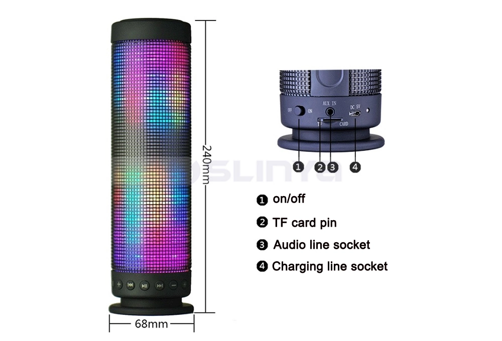 Rainbow Colors Pulse Portable Long Bluetooth Speakers Super Bass Wireless Sound Box Built-in Flash LED Light Speaker & Mic TF Aux USB Disck