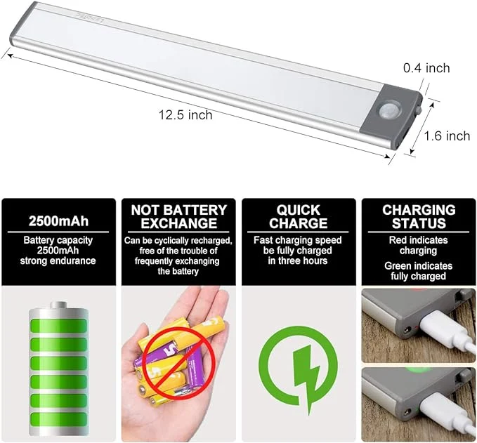 Motion Sensor USB Rechargeable LED Under Cabinet Light for Cabinet Wall Bathroom