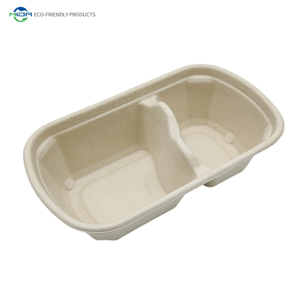 Restaurant Disposable Sugarcane Pulp Bagasse Dinnerware Tray Burger Box Dinner Set Lunch Box 2 Compartment Take Away Box Food Containers Tableware with Lids