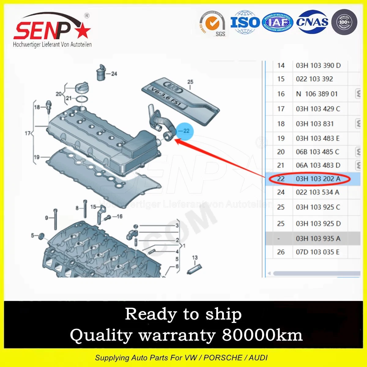 OEM de la manguera del respiradero 03h 103 202 Un Senp Auto Parts de alta calidad de la manguera de ventilación del motor para el Audi Q7 3.6 Fsi 2006-2010 03H103202A