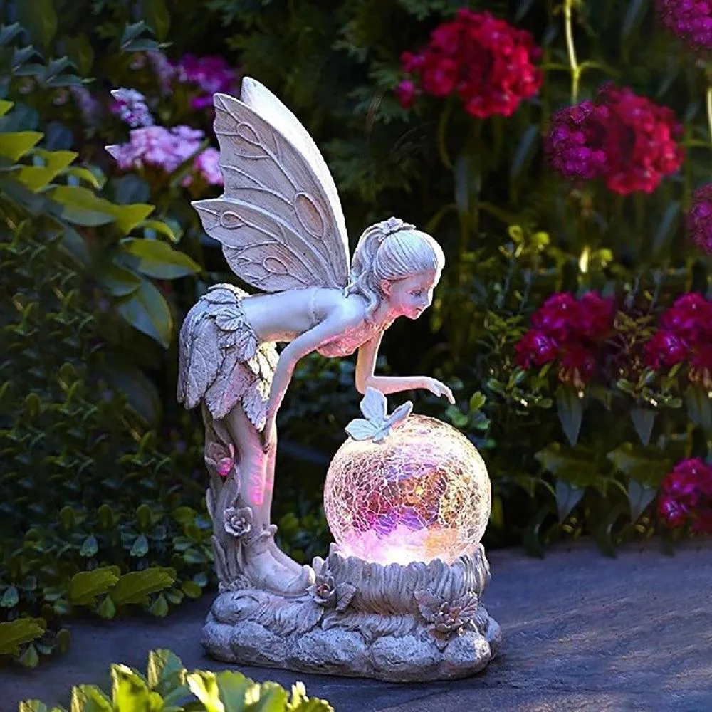 Lámpara solar exterior impermeable Luminous Fairy Girl LED resina de luz Escultura de la figura del ángel Wyz21244