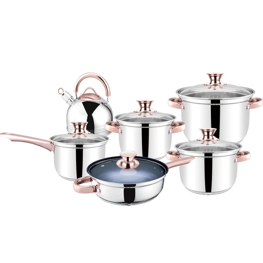 Diwell Hot Sale Colorful Design Professional Export 12 PCS Kitchenware Belly Body Shape Stainless Steel Nonstick Cookware Set China