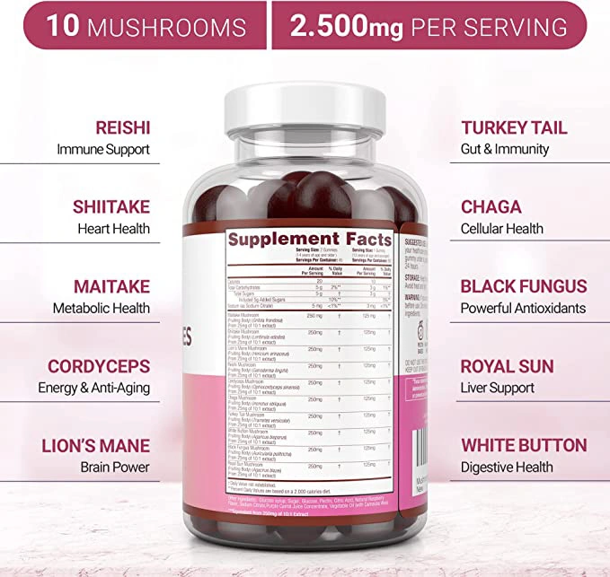 Customized Mushroom Supplement Gummies Reishi Chaga Cordyceps Lions Mane Mushroom Gummies