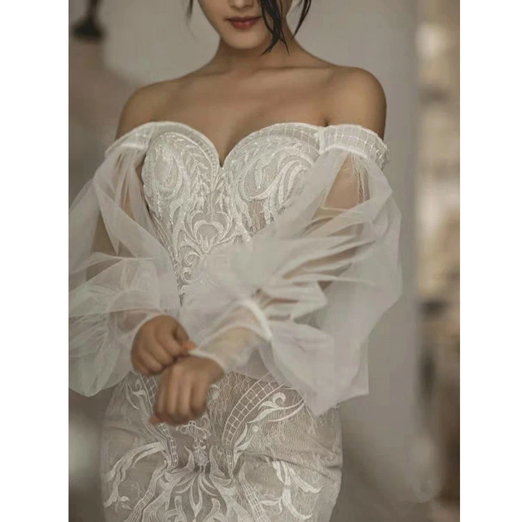 Wedding Dress Spring/Summer 2022 New Lace Beaded Tube Top Collar Long Sleeve Light Luxury Slim Tail Bridal Wedding Dress