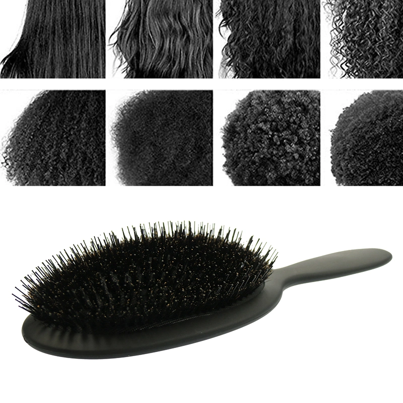 Amazontop Vender Negro plástico personalizado Boar Bristle cepillo de pelo Oval Cepillo de pelo de paleta