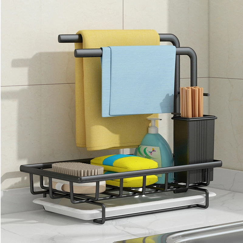 Stainless Steel 304 Kitchen Sponge Holder Kitchen Sink Organizer Caddy with Towel Rack and Drain Tray