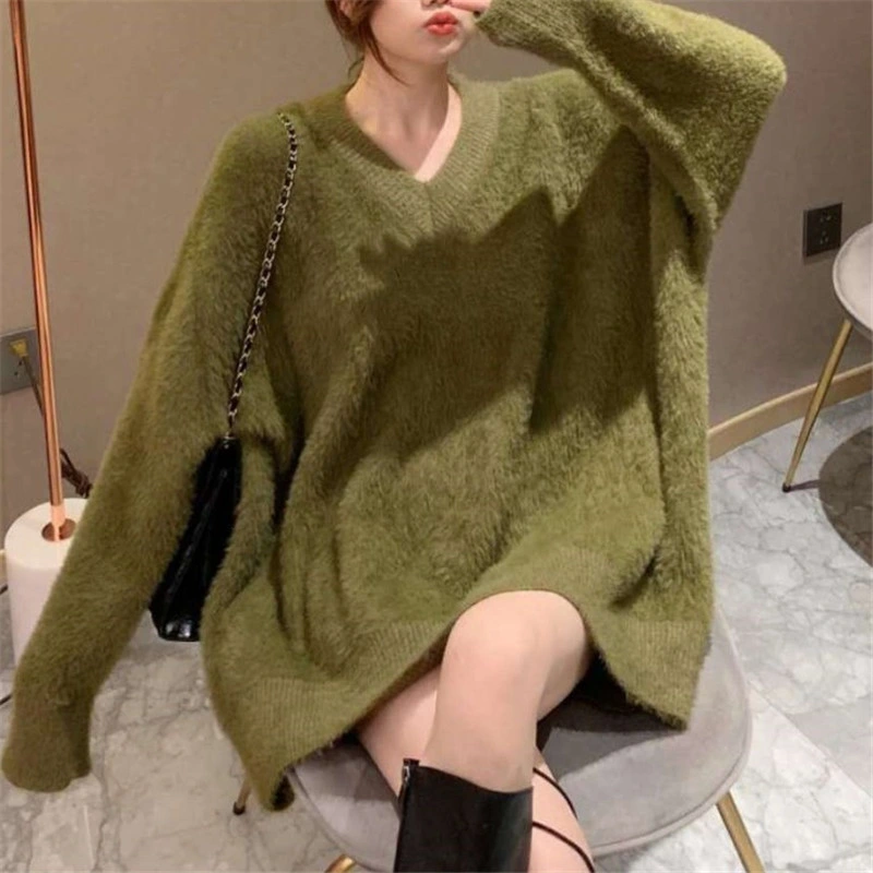 Large Size V-Neck Knitted Imitation Mink Fluffy Clothes Female Autumn and Winter Korean Version Loose Plus Fat Medium Length Leggings Outside to Wear