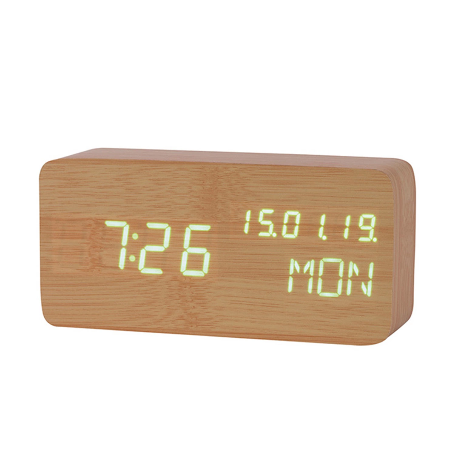 Escritorio de madera Calendario LED Reloj despertador Control de voz pantalla de temperatura