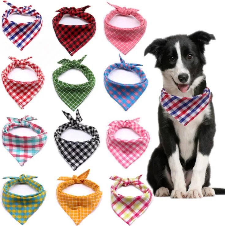 Square Plaid Printing Dog Bib Double Reversible Kerchief Scarf Adjustable Accessories