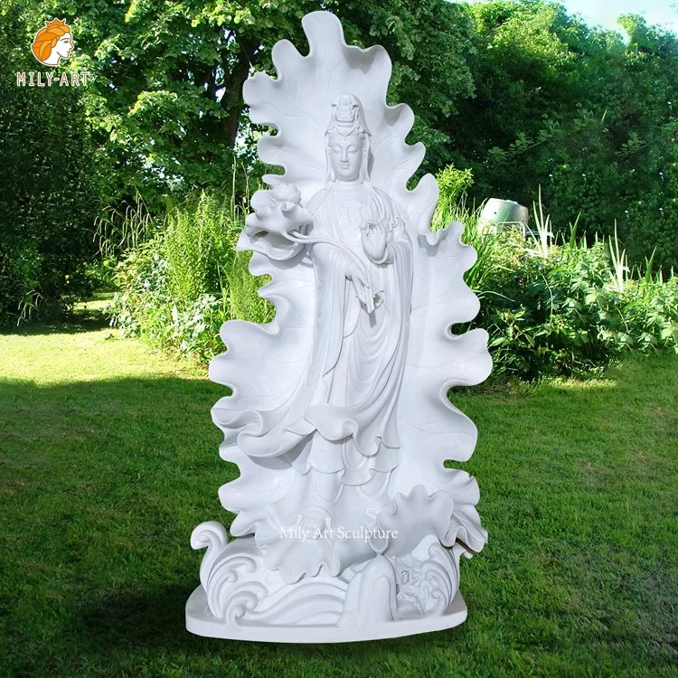 Large Hand Carved Religious Stone Sculpture Marble Guan Yin Statue with Lotus