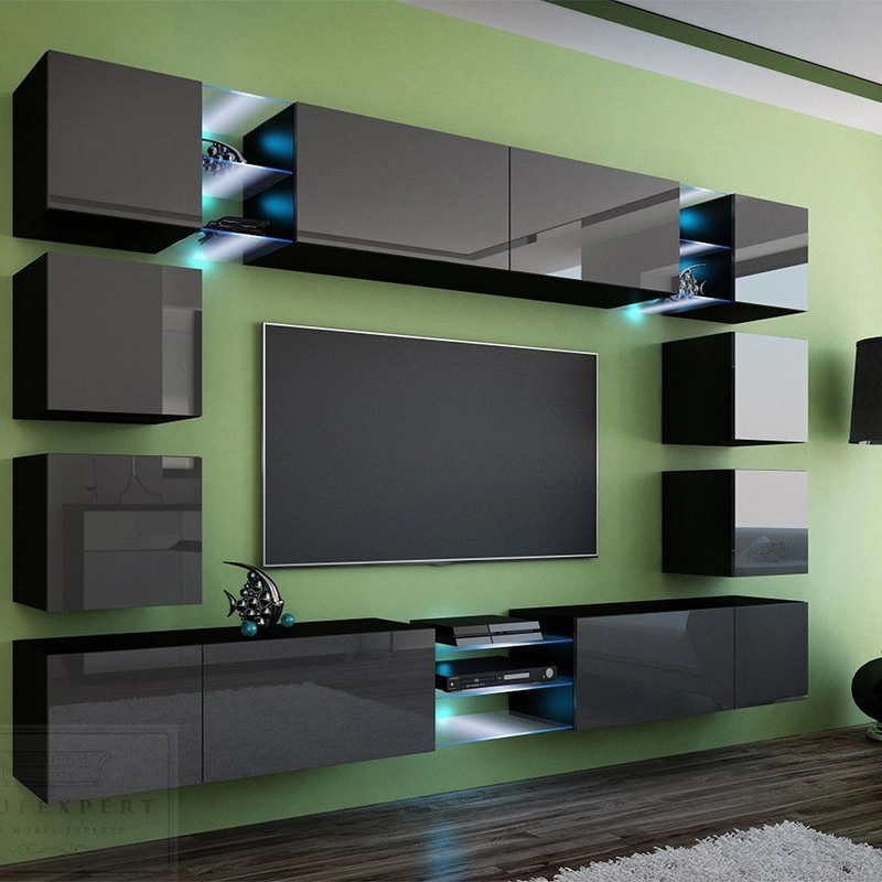 En la pared de almacenamiento High-Gloss modernos de madera Soporte de TV con coloridas luces LED