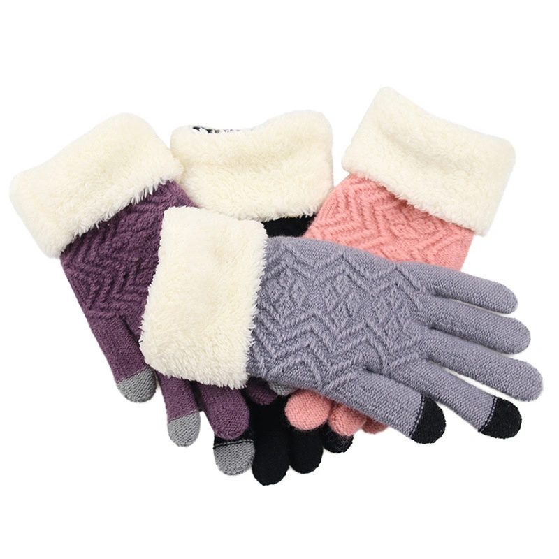 Simple Style Solid Knitted Winter Warm Thick Fashion Soft Gloves with Velvet Lining