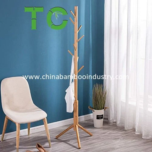 precio de fábrica de madera de bambú Coat Soporte Estante ajustable de 8 Anzuelos 3 chaquetas de abrigo permanente árbol percha