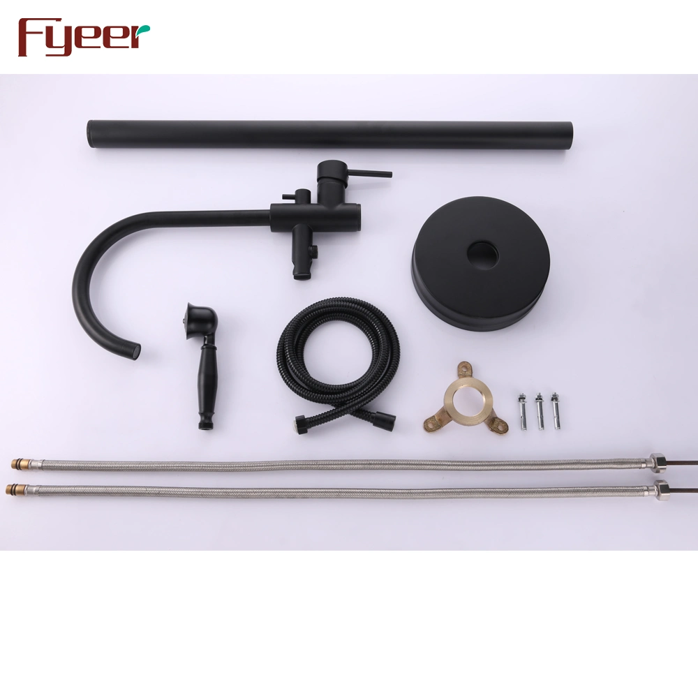 Fyeer Brass Bathroom Floor Bathtub Faucet Black with Telephone Hand Shower