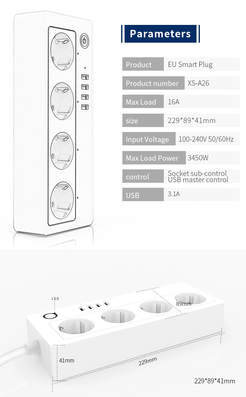 RTS Tuya WiFi Smart Power Strip extensión estándar 4 de la UE Toma de corriente con 4 USB Port trabaja con Alexa Google Inicio