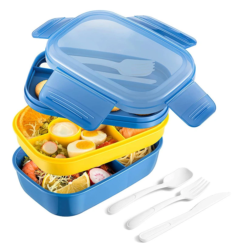 2L Plastic Portable 3 Compartments Lunch Box with Salad Bowl