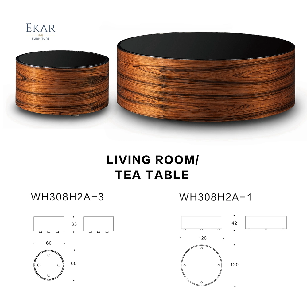 Tempered Black Glass Wisemax Furniture Glass Top Wooden Stainless Steel Metal Base Round Luxury Leisure Living Room Wooden Coff