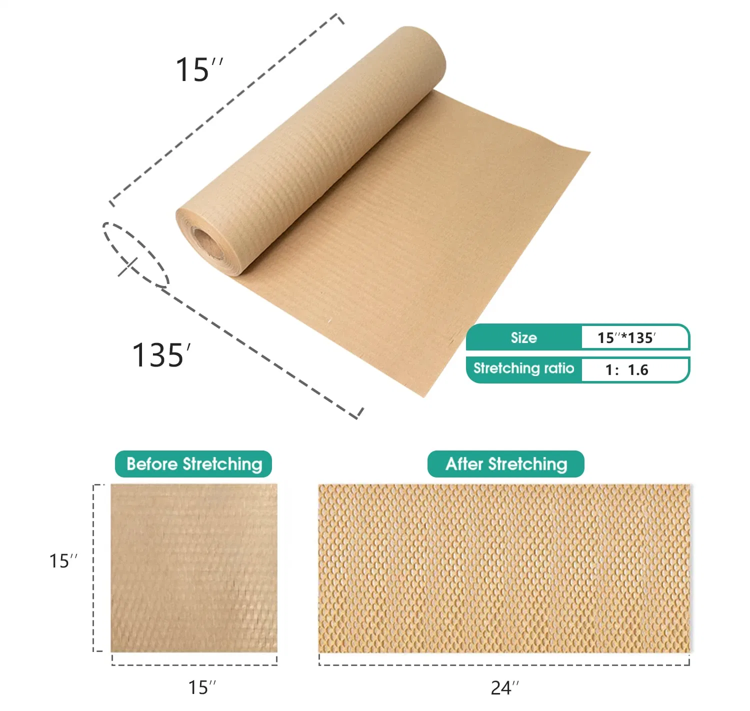 Honeycomb Packaging Paper, 15" X 135' Honeycomb Cushion Wrapping Paper for Protecting Fragile Items, Used for Moving Gift Packaging and Transportation Protectio