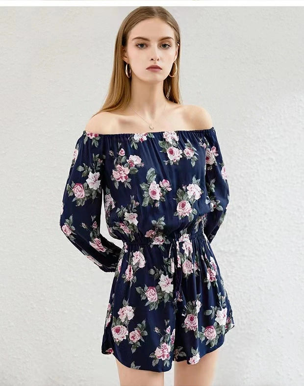 Ladies Apparel Sweet Elastic off -Shoulder Floral Printed Short Jumpsuit