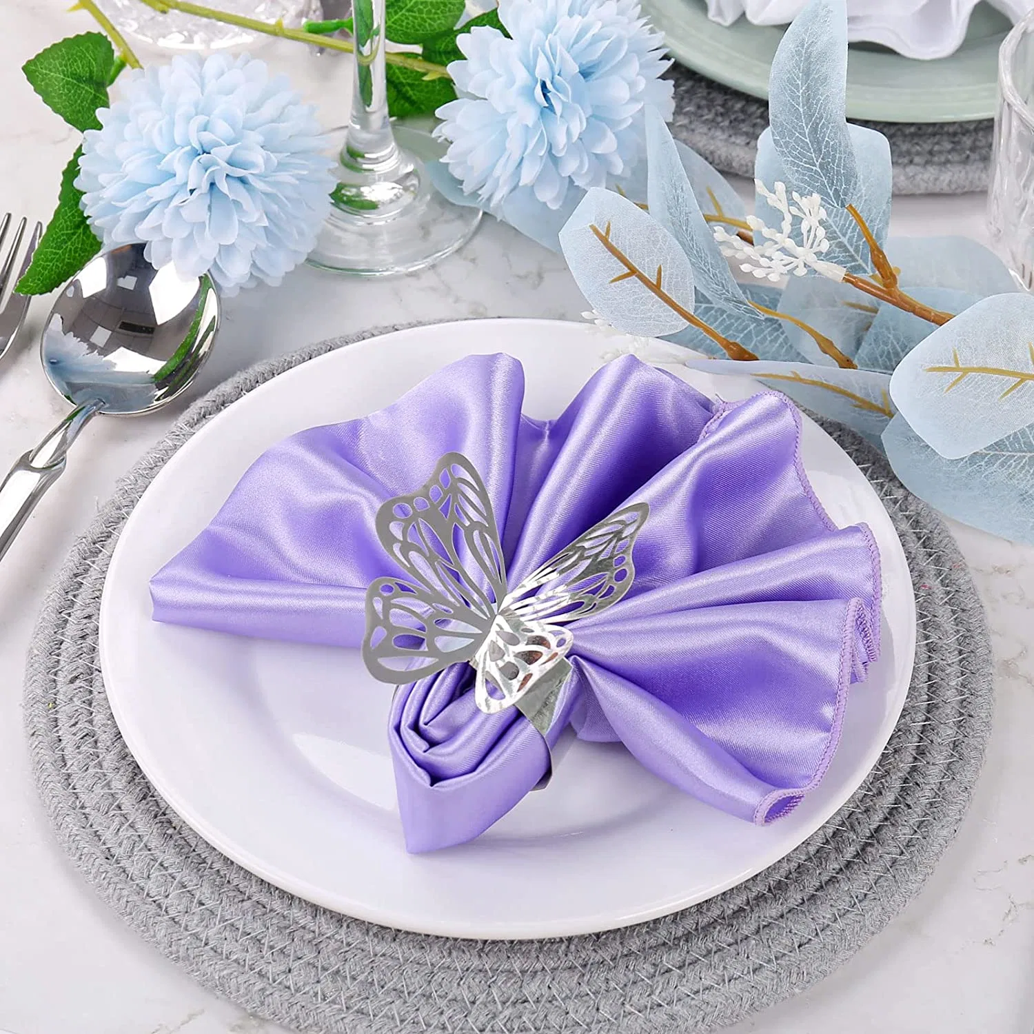 100PCS Silver Butterfly Napkin Rings Set of 3D Laser Cut Plastic Napkin Ring Buckles Holder Table Decoration for Wedding, Party, Christmas, Thanksgiving