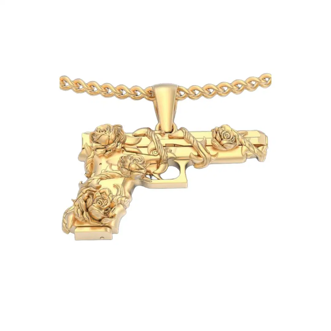 DiamondX 18k Gold Gunsmith Delicate Rose Pistol Pendant Chain Hiphop Man Gifts Pendant Chain