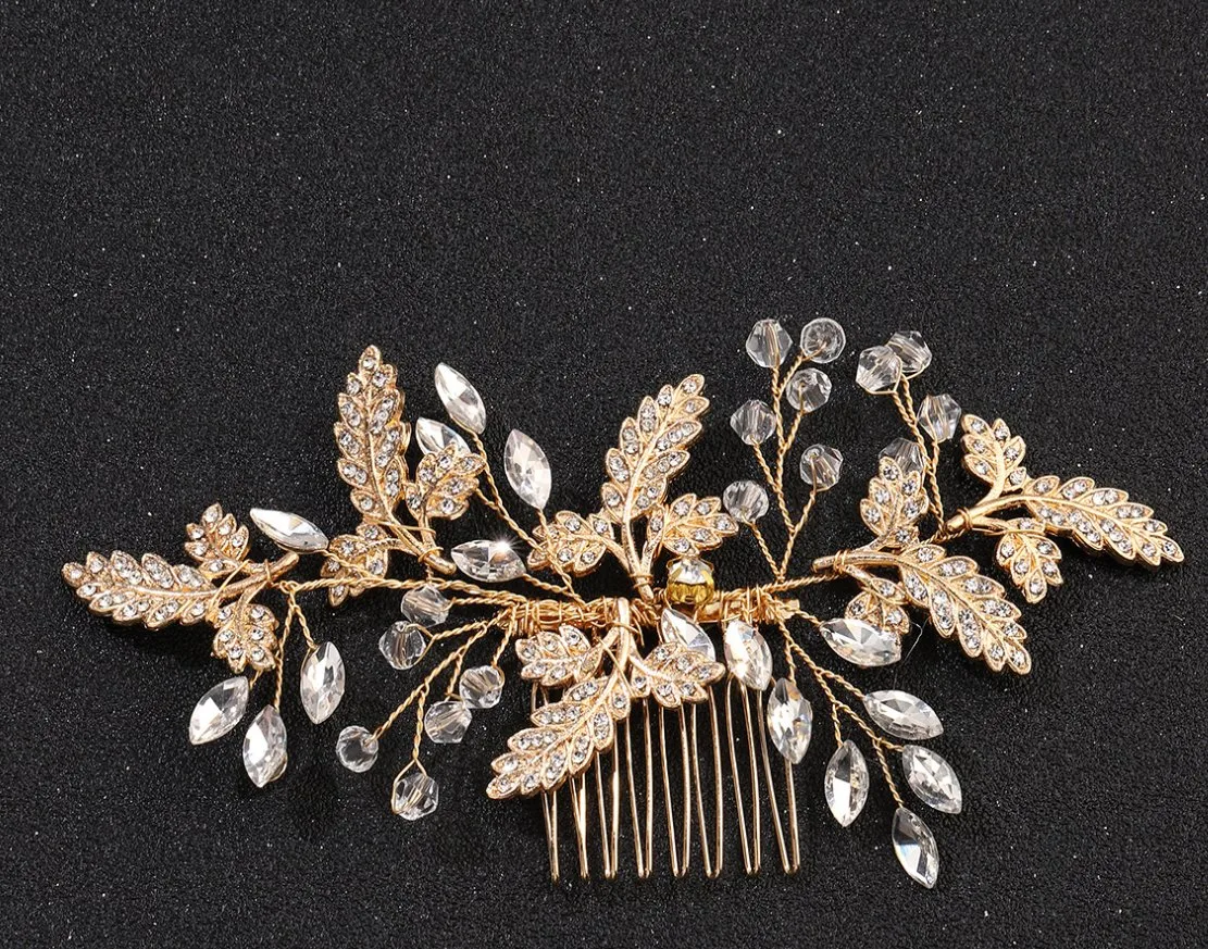 Bridal Gold Leaf Hair Comb Hair Accessories. Bridal Vintage Crystal Hair Comb Headpiece. Bridal Jewelry. Bridal Hair Piece