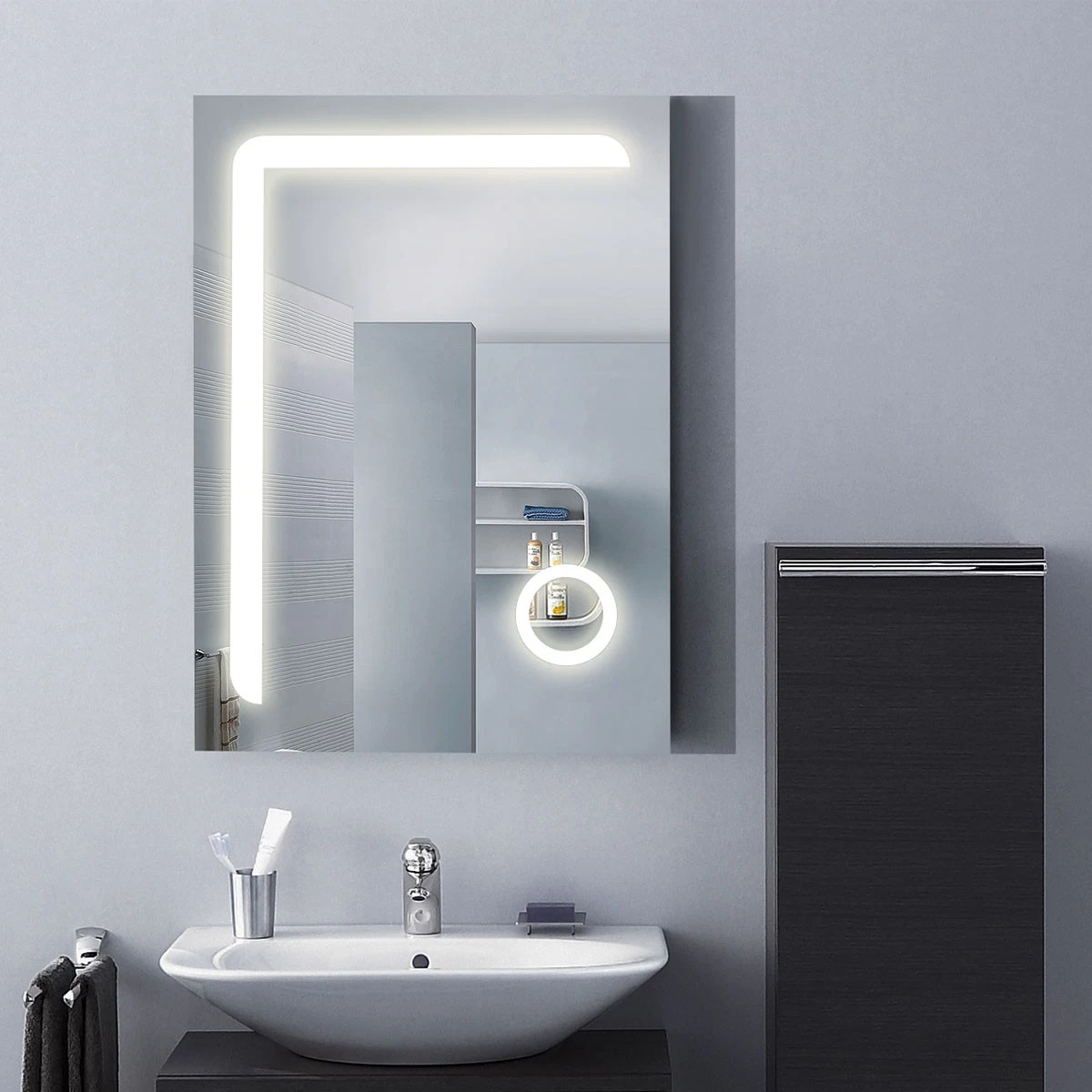 Espejo LED rectangular para baño con montaje en pared, espejo arenado con sensor táctil, luz regulable y temperatura para decoración del hogar