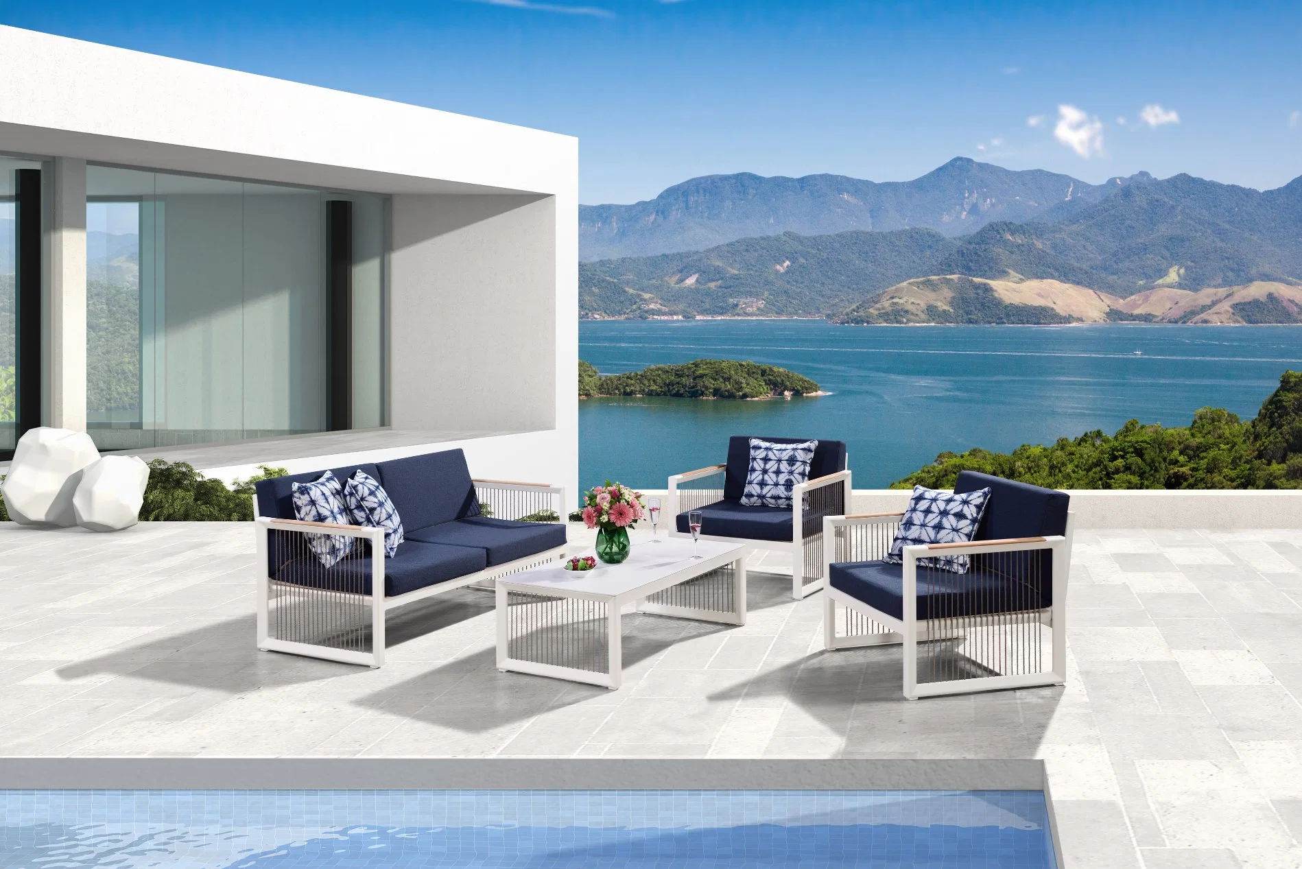 Moderne Terrasse Freizeit Aluminium Rahmen Outdoor-Esszimmer Möbel Seil Gewobene Sofa-Set