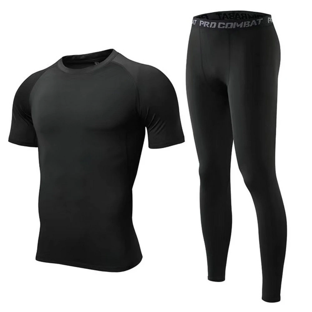 Herren Fitness Bekleidung Zweiteiliger Set Kurzarm-Oberteile und Stretch Strumpfhosen Training Yoga Running Sportswear Wbb18557