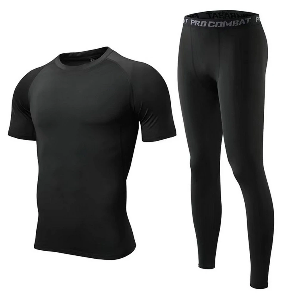 Men Fitness Clothing Two-Piece Set Short-Sleeve Tops and Fabric Stretch Tights Training Yoga Running Sportswear Wbb18557