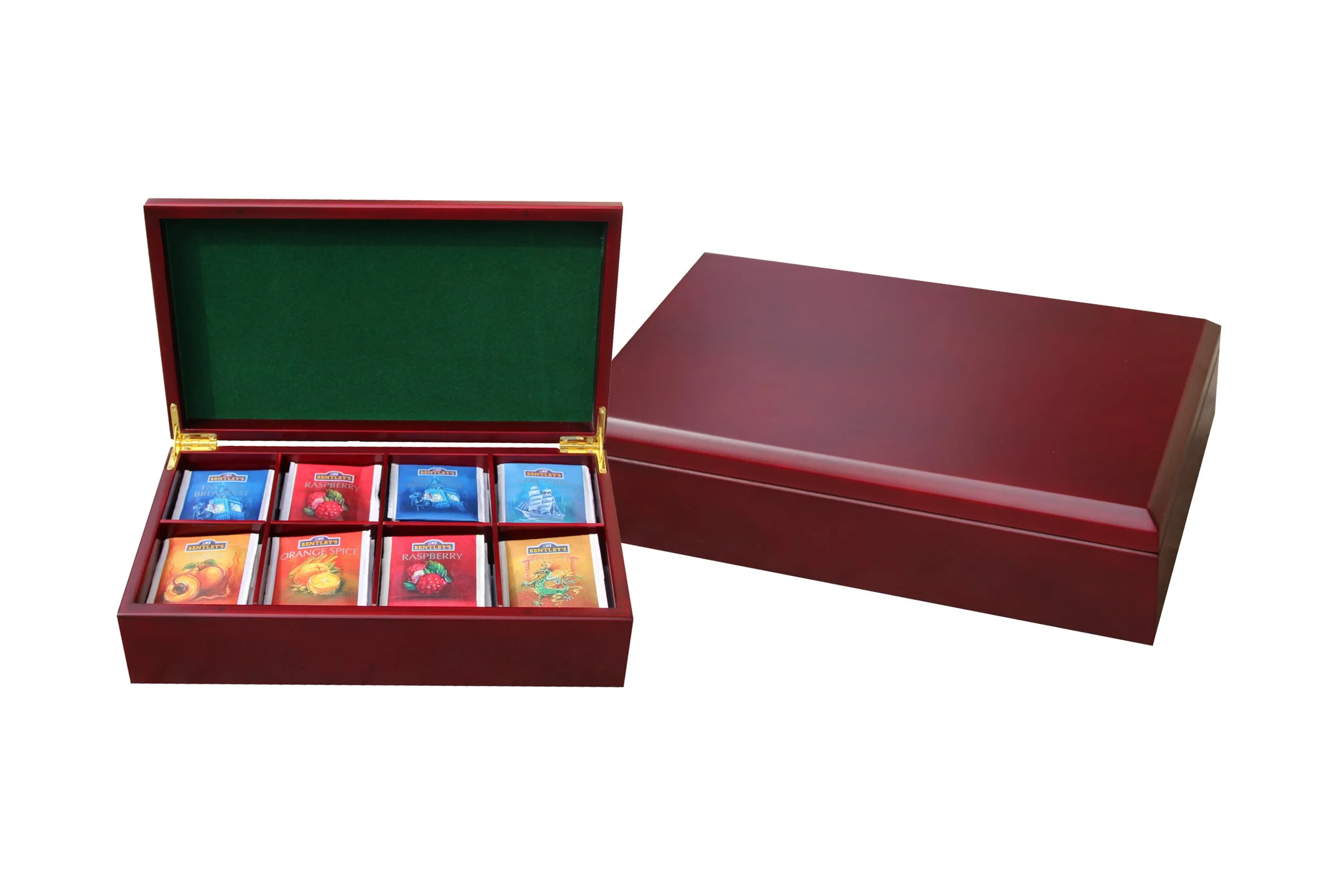 Caja de regalo de té hecha a mano de madera maciza de caoba rica con compartimentos y cajas de almacenamiento y soporte para bolsas de té con 8 compartimentos