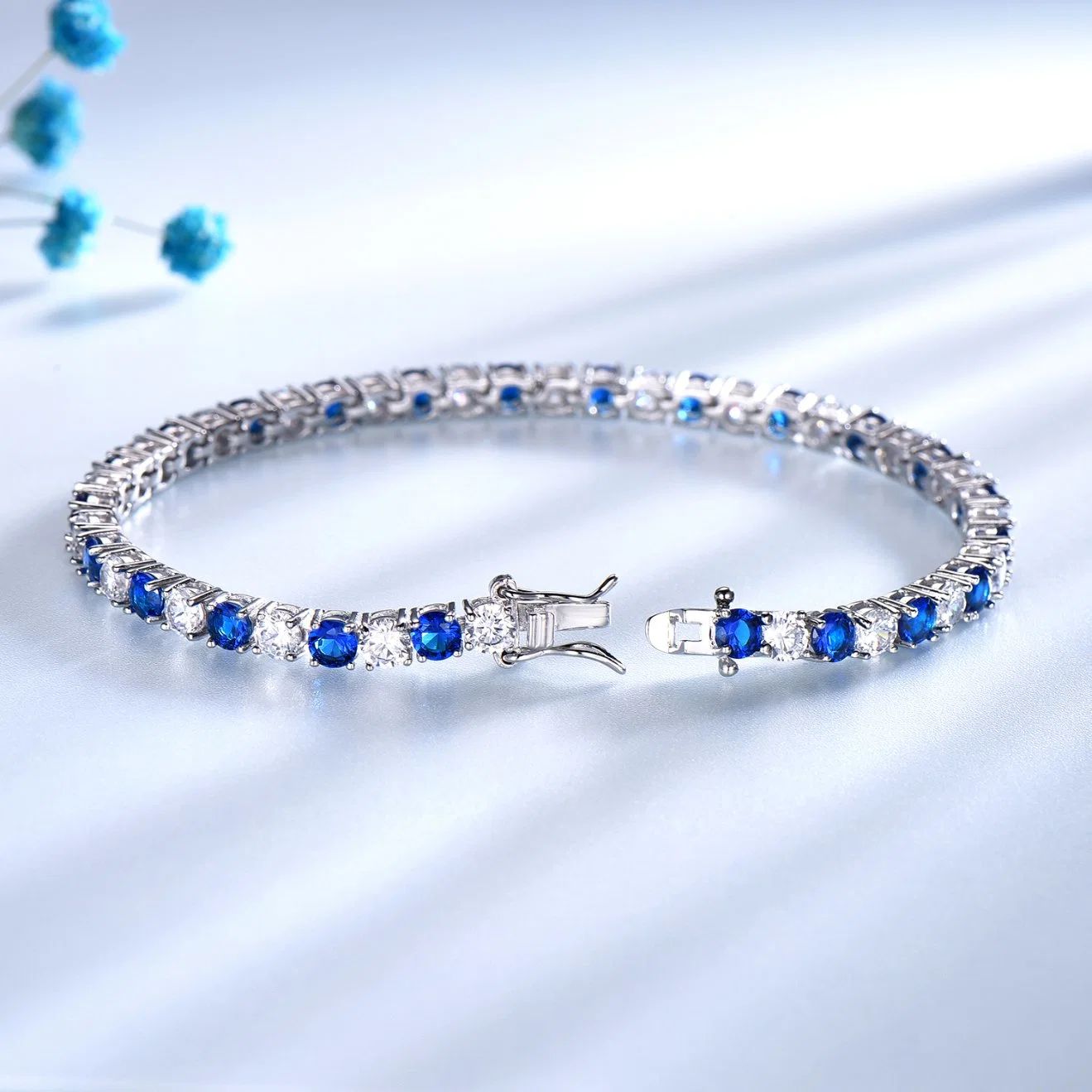 Real 925 Sterling Prata Jóias Oval criou Nano Azul Sapphire Pulseira pulseira pulseira pulseira de charme romântico para mulheres presentes Jóias