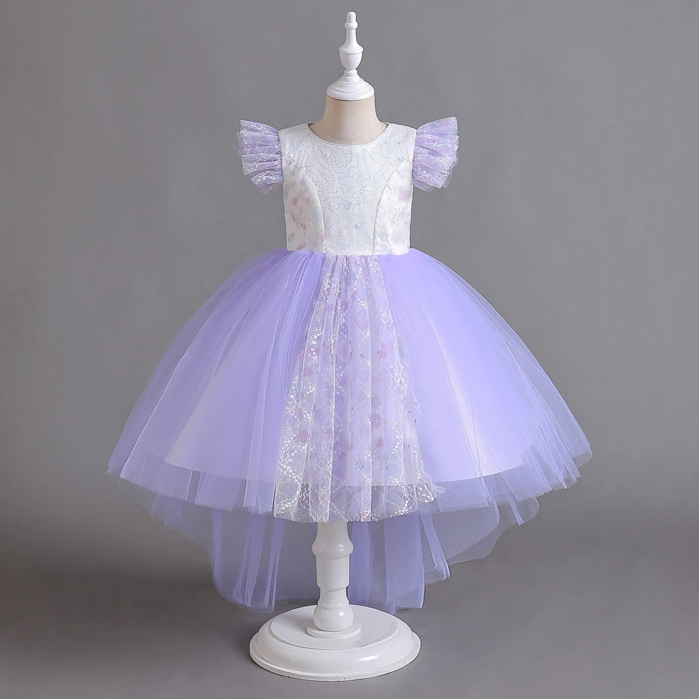 Estilo occidental largo encaje chica vestir de boda Rosa suave Banquete niños Princesa vestir elegante niños Prom Dresses para 3-12y