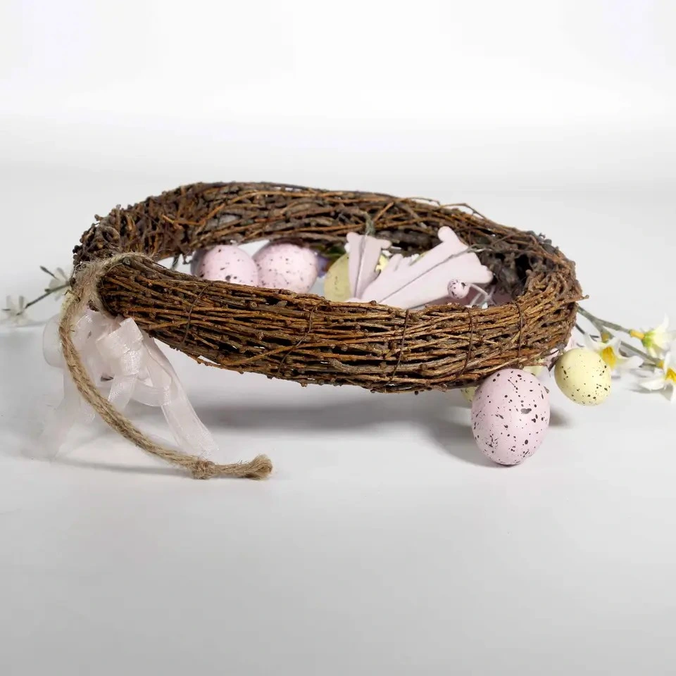 Spring Decor Easter Egg Rattan Wreath with Wood Bunny Mini Rabbit Easter Animal Ornaments Lovely Silk Bow Knot Easter Decoration