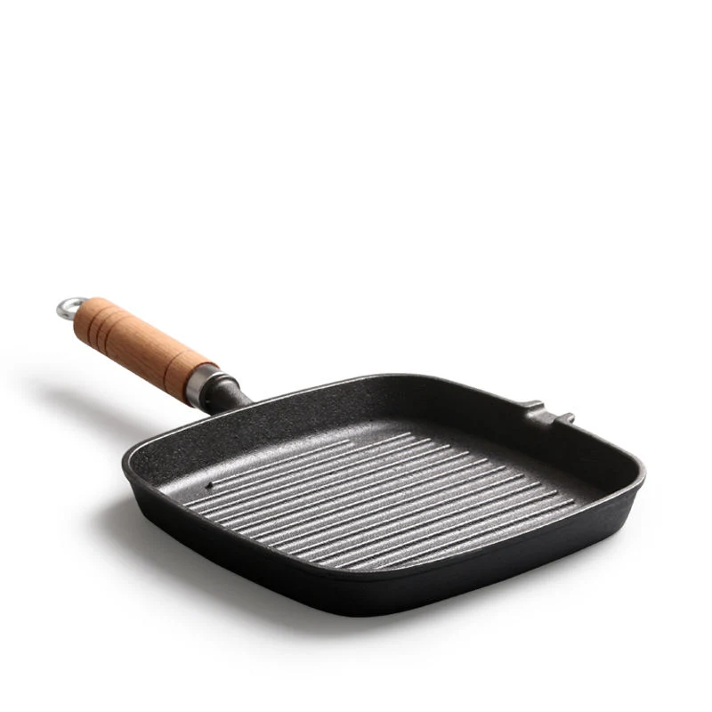 Square Grill Pan BBQ Skillet Cast Iron Frying Pan with Wood Handle Utensils