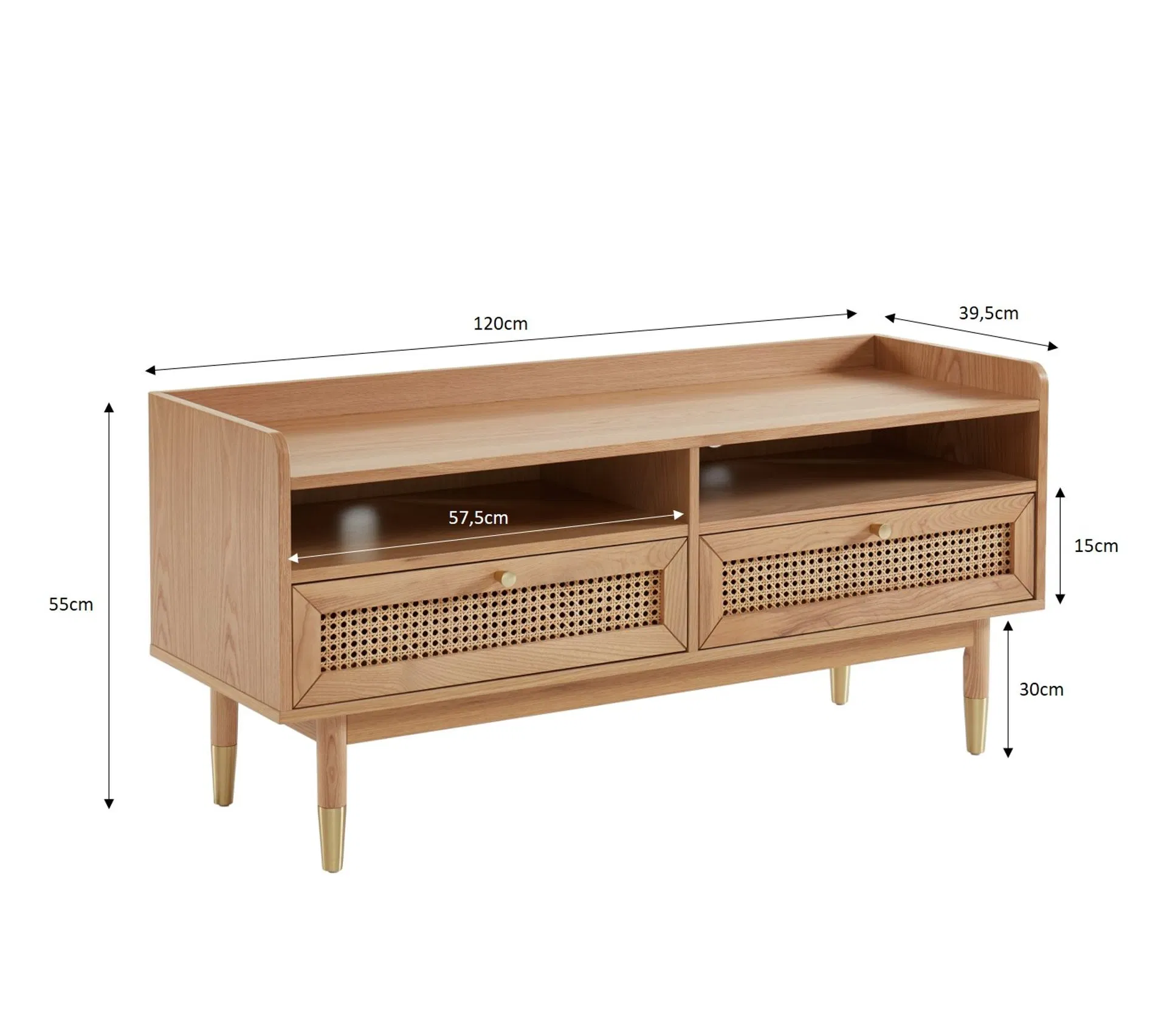 Mueble de TV de madera de color natural sólido de estilo nórdico retro de Nova Nordic con 2 cajones y armario de ratán natural