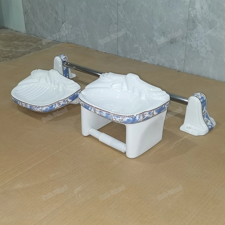 Sanitary Ware Flower Printed 3 Pieces Bathroom Accessories Set with Ceramic Soap Dish Paper Holder Towel Rack