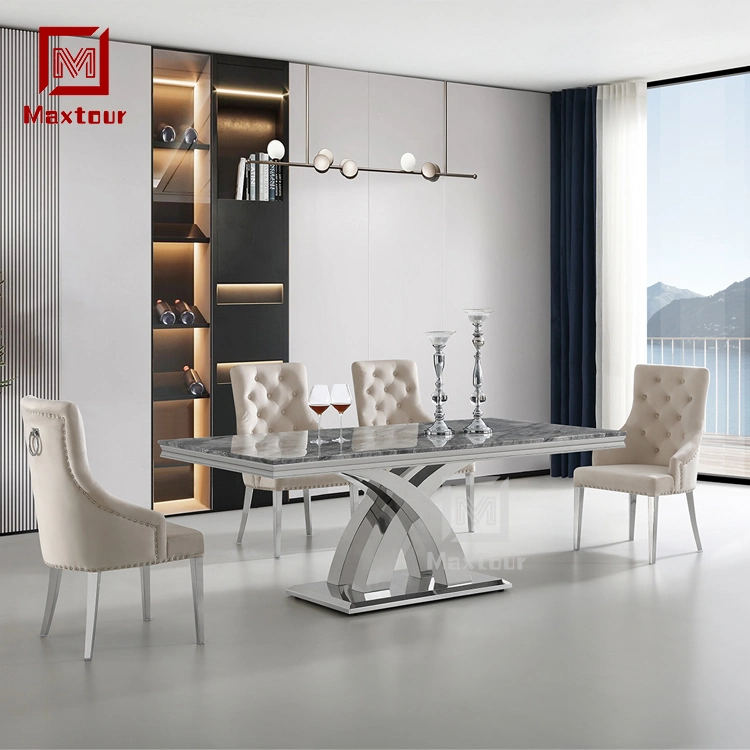 modern Dining Furniture Cross Stainless Steel Base and Marble Top Dining Table Set
