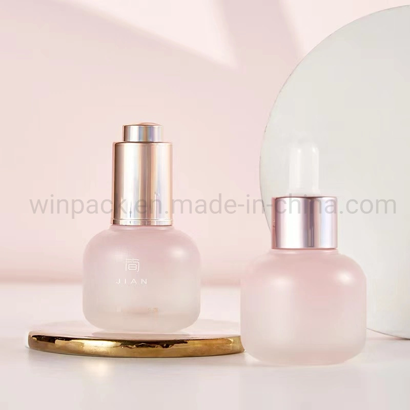 15ml 30ml 50ml Round Shape Custom Pink Color Glass Dropper Container with Gold Dropper for Cosmetic Packaging