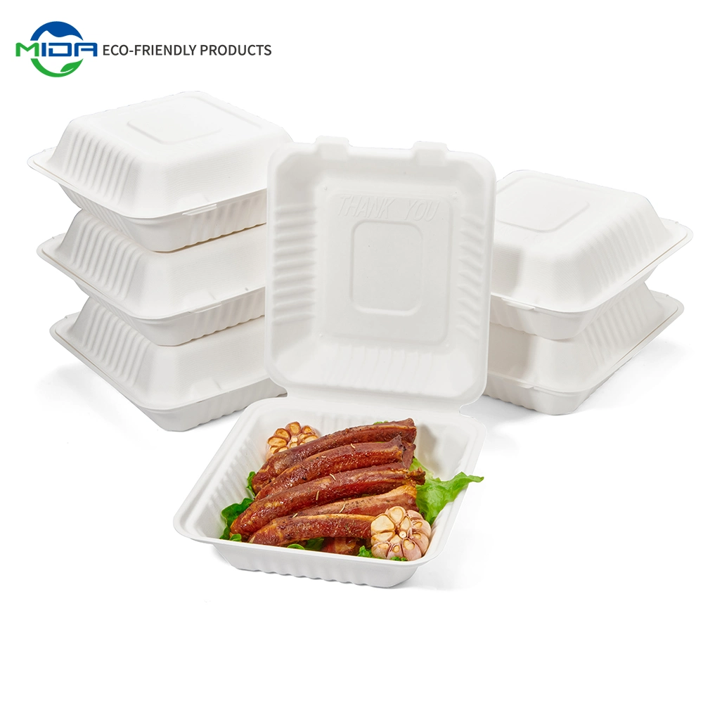 Caja de Clamshell biodegradable envase desechable de microondas de azúcar de azúcar envase de alimentos Caja