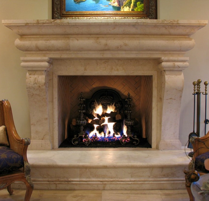 French Limestone Contemporary Italian Tuscan Carving Fireplace