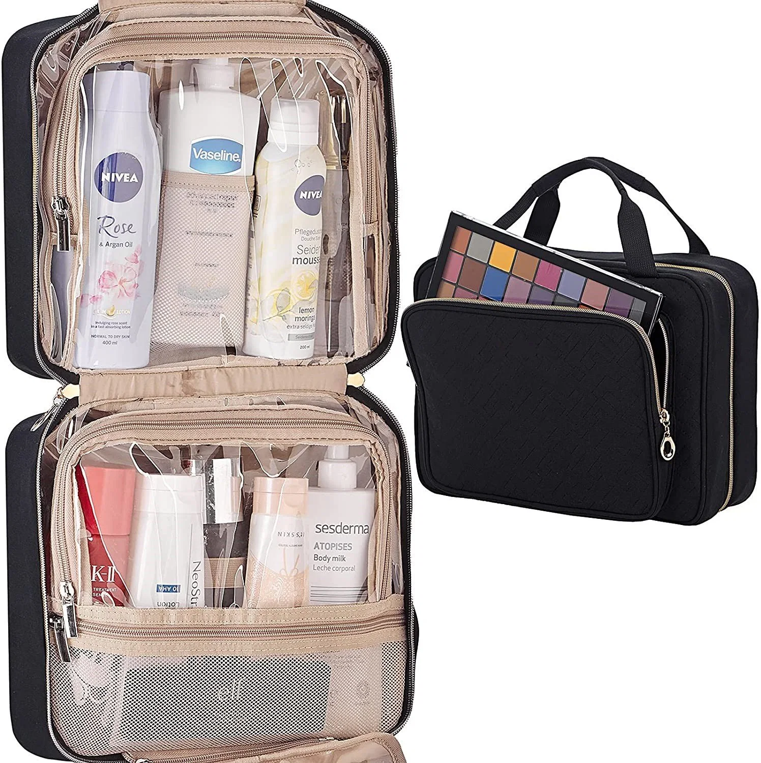4 secciones de la bolsa de aseo Viajes colgantes organizador cosméticos maquillaje resistente al agua gran caso